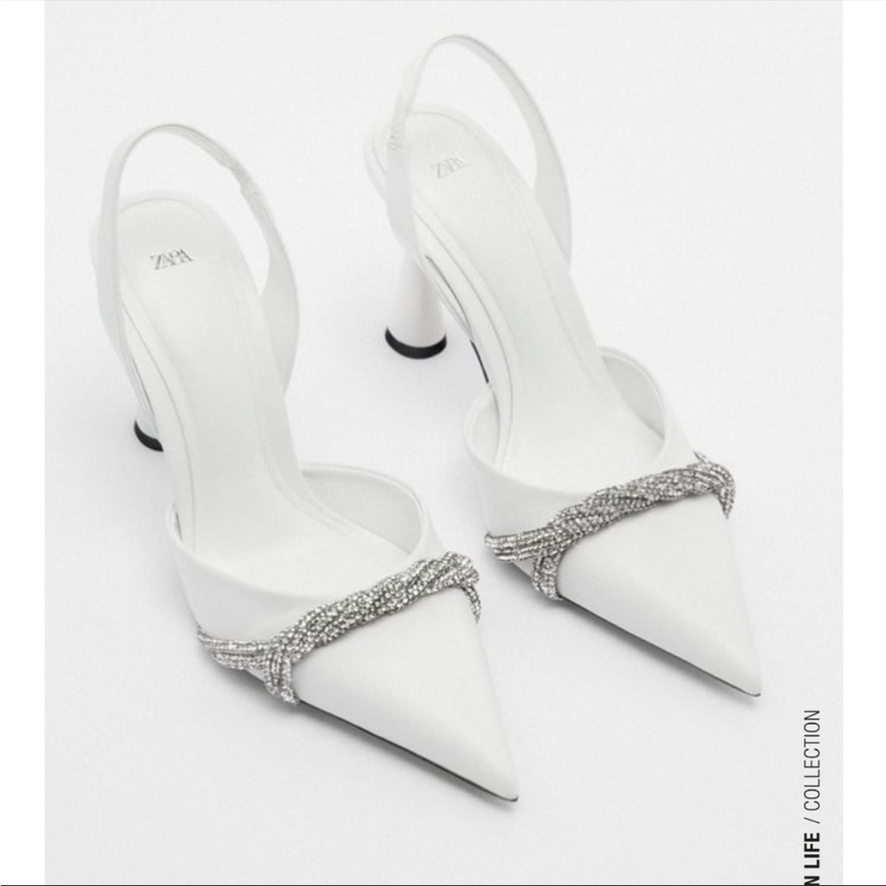 Zara white high heel rhinestone leather shoes